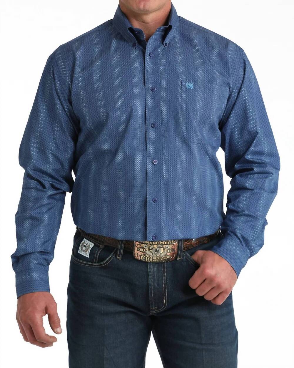 NEW CINCH classic fit long sleeve print button shirt in royal blue